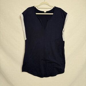 J.Crew Navy Tunic Top with White Crochet Trim – Relaxed Fit, Boho Preppy -Small
